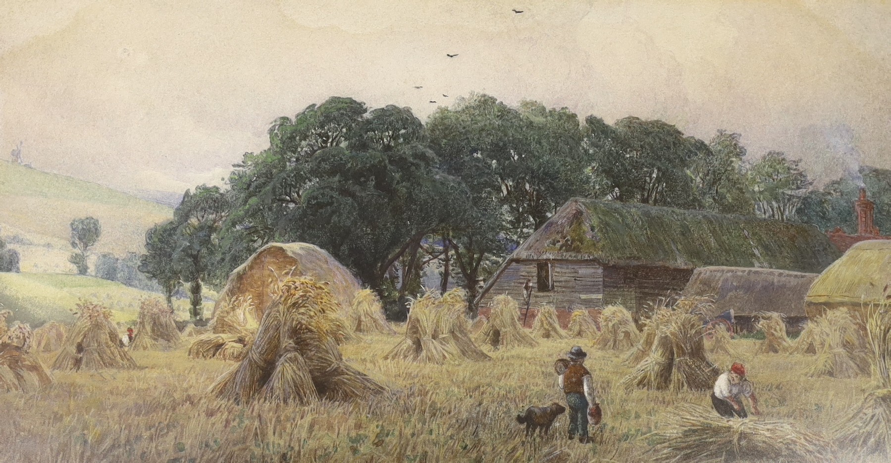 Walter Fryer Stocks (1842–1915), watercolour, Harvest scene, signed, 21 x 42cm